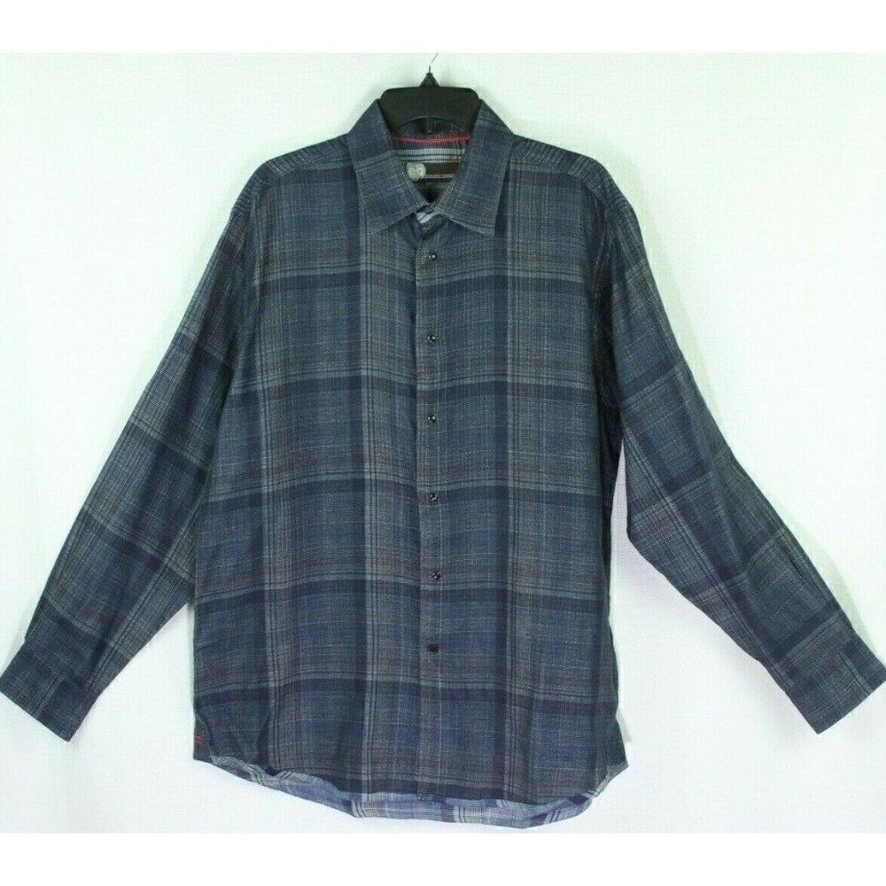 Equilibrio Button Front Shirt Plaid Blue Cotton Men's XL Roll Tab Long Sleeves